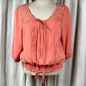 Reese Crochet Lace Blouse‎ Medium Coral Puff Sleeve Peasant Keyhole Smocked NWOT